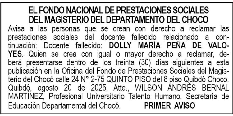 Edicto 1er. aviso Dolly María Peña de Valoyes