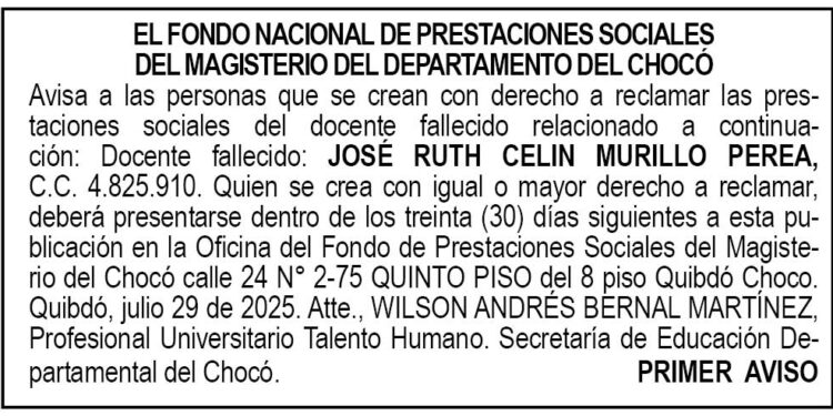 Edicto 1er. aviso José Ruth Celin Murillo Perea