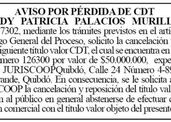 Pérdida de CDT: Eydy Patricia Palacios Murillo