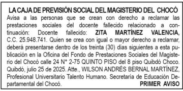 Edicto 1er. aviso Zita Martínez Valencia
