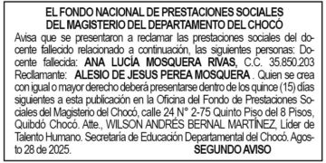 Edicto 2do. aviso Ana Lucía Mosquera Rivas