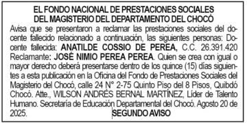 Edicto 2do. aviso Anatilde Cossio de Perea