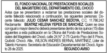 Edicto 2do. aviso Julio César Sánchez Bedoya