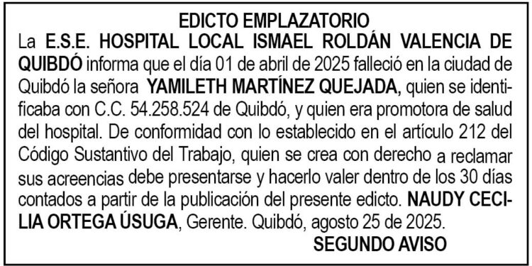 Edicto 2do. aviso Yamileth Martínez Quejada
