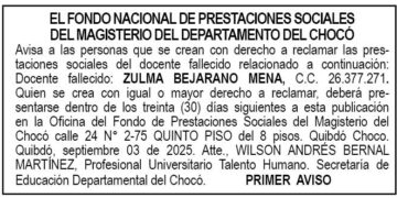 Edito 1er. aviso Zulma Bejarano Mena