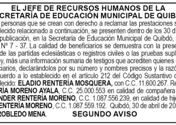 Edicto 2do. aviso Eladio Rentería Mosquera