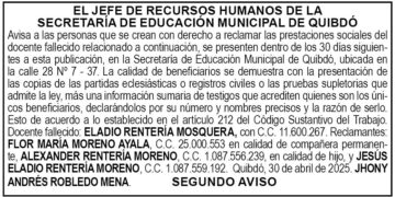 Edicto 2do. aviso Eladio Rentería Mosquera