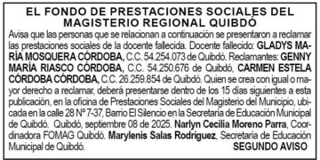 Edicto 2do. aviso Gladys María Mosquera Córdoba