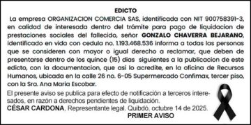 Edicto 1er. aviso Gonzalo Chaverra Bejarano