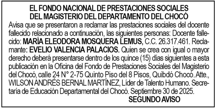Edicto 2do. aviso María Eleodora Mosquera Lemus
