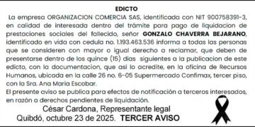 Edicto 3er. aviso Gonzalo Chaverra Bejarano