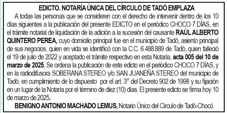 Edicto Raúl Alberto Quintero Perea