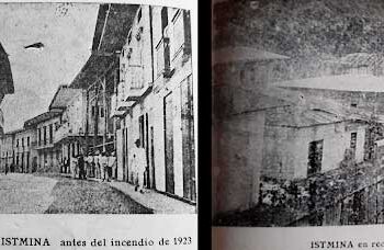 Istmina antes (calle principal) y después (reconstrucción) del incendio del 30 de abril de 1923. Fotos: Misioneros Claretianos 1923 y 1929 / El Guarengue.