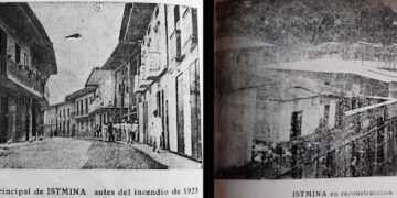 Istmina antes (calle principal) y después (reconstrucción) del incendio del 30 de abril de 1923. Fotos: Misioneros Claretianos 1923 y 1929 / El Guarengue.