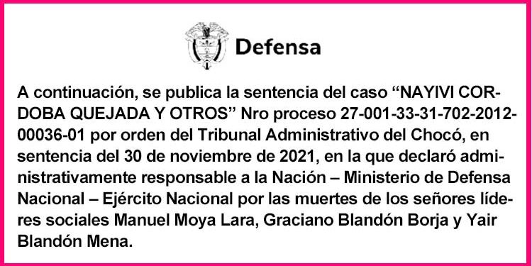 Mindefensa Chocó sentencia Nayivi