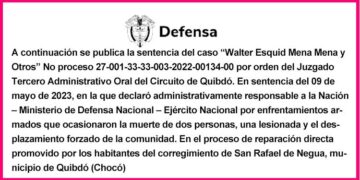 Mindefensa Chocó sentencia Walter Esquid