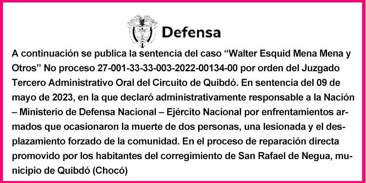 Mindefensa Chocó sentencia Walter Esquid