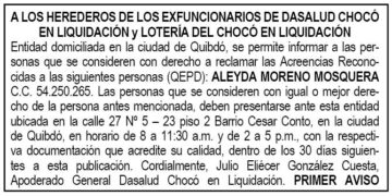 Edicto 1er. aviso Aleyda Moreno Mosquera. Dasalud Chocó en liquidación