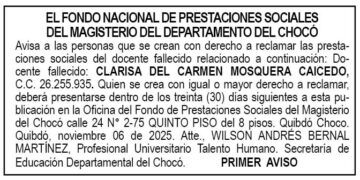 Edicto 1er. aviso Clarisa del Carmen Mosquera Caicedo