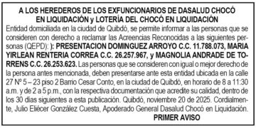 Edicto 1er. aviso Dasalud Chocó en liquidación