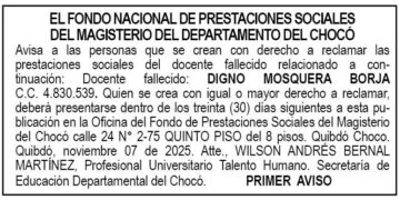 Edicto 1er. aviso Digno Mosquera Borja