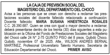 Edicto 1er. aviso María Susana Hinestroza Rosales
