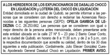 Edicto 1er. aviso Ofelia Gamboa de Ledezma. Dasalud Chocó en liquidación
