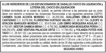 Edicto 2do. aviso Dasalud Chocó en liquidación