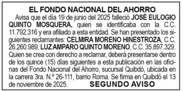 Edicto 2do. aviso José Eulogio Quinto Mosquera