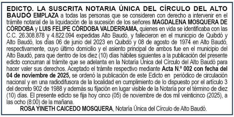 Edicto Magdalena Mosquera de Córdoba y Luis Felipe Córdoba Valderrama