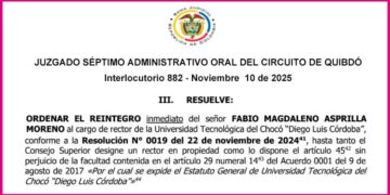 Ordenan el reintegro de Fabio Magdaleno Asprilla al cargo de rector de la Universidad Tecnológica del Chocó