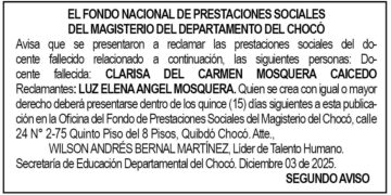 Edicto 2do. aviso Clarisa del Carmen Mosquera Caicedo