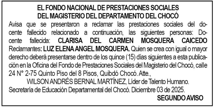 Edicto 2do. aviso Clarisa del Carmen Mosquera Caicedo