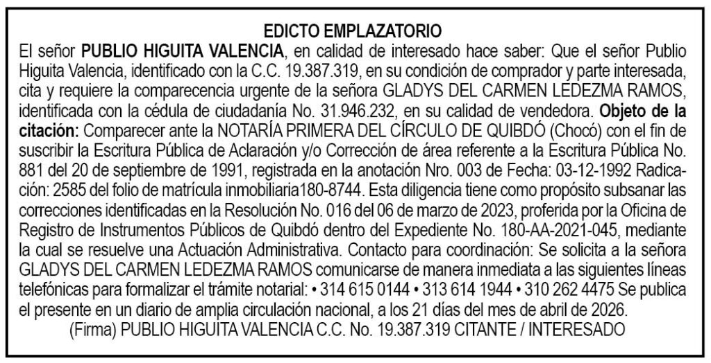 Edicto Quibd&oacute; Choc&oacute;