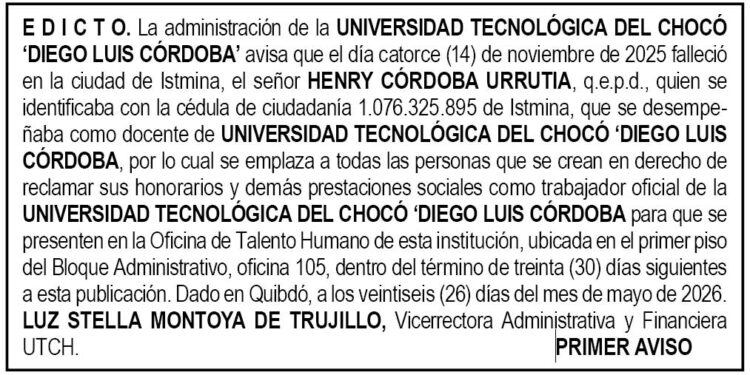 Edicto UTCH Chocó