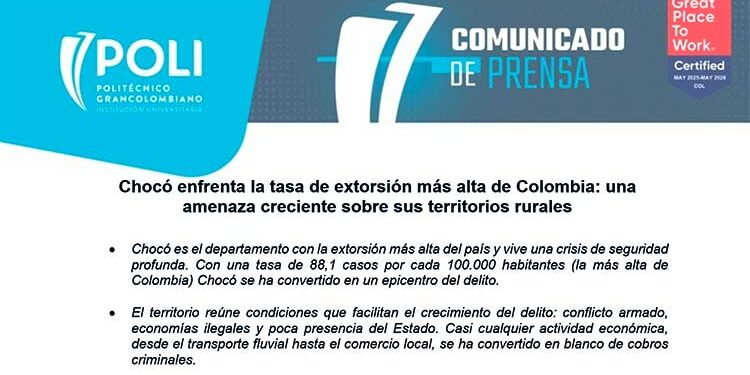 Chocó enfrenta la tasa de extorsión más alta de Colombia