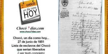 Chocó, un día como hoy... 27 de junio de 1851. Lista de esclavos del Chocó que serían liberados