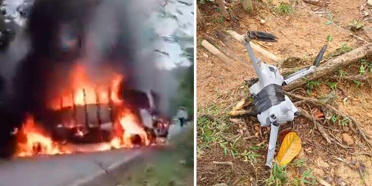 Escalada de violencia del ELN en Chocó: soldados heridos, ataques con drones, vehículos quemados. Toque de queda en Tadó