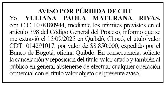 Pérdida CDT Quibdó Choicó